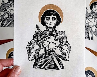 Impression linogravure papier chiffon Jeanne d&#39;Arc médiéval portrait 2 couleurs | Linocut art print Joan of Arc armor sword handamde