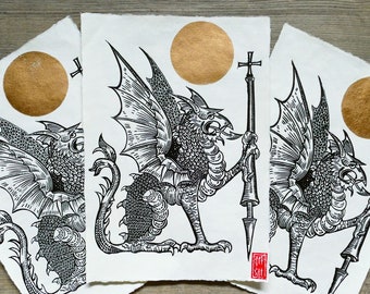 Linogravure imprimée sur papier coton dragon style médiéval ancien emblème noir et Or | Artprint linogravure papier de coton imprimé à la main pour décoration murale