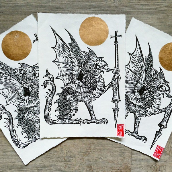 Linogravure imprimé sur papier coton dragon style médiéval ancien emblème noir et Or | Artprint linocut hand printed wall decor cotton paper