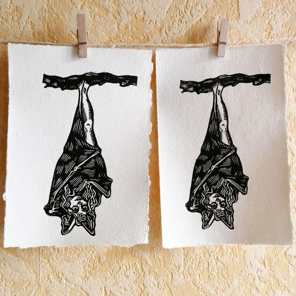 Impression linogravure femme chauve souris papier chiffon | Art print bat girl hand printed wall decor