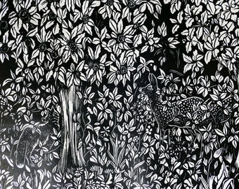 Medieval Forest Linocut Print | Deer, Fox, Chestnut Trees, William Morris Inspired Art