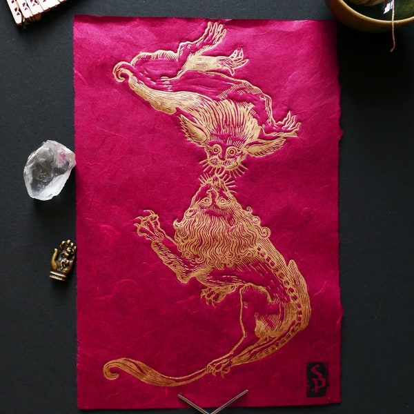Linogravure impression sur papier mûrier lie de vin encre or style médiéval lions créatures fantastiques | linocut Hand printed wall decor