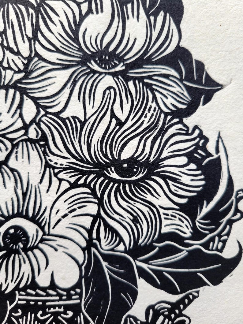 Impression Linogravure papier coton fait main Eyes Flowers | Art print illustration wall decor image 6