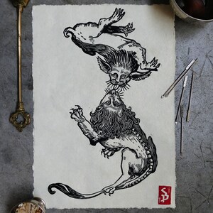 May include: Black and white woodcut print of a lion and a mythical creature with a long tail and large ears. The lion is facing the creature, and the creature is facing the viewer. The print is signed "SP" in the lower right corner.