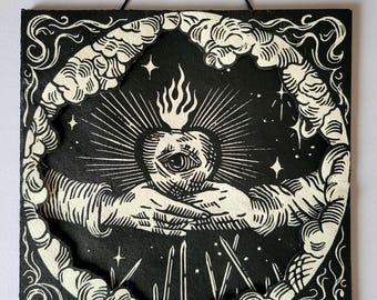 Original handgeschnitzter Linolschnitt | Sacred Heart Allsehendes Auge | Mystischer Schwarz-Weiß-Druck