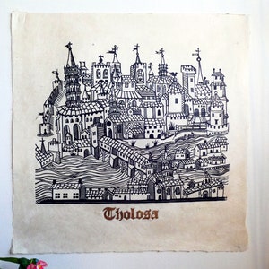 Linograwiura wyciskowa sur papier Lokta citée médiéval Toulouse carte | Wydruk artystyczny linoryt ręcznie drukowany wystrój średniowiecznego muru miejskiego w Tuluzie