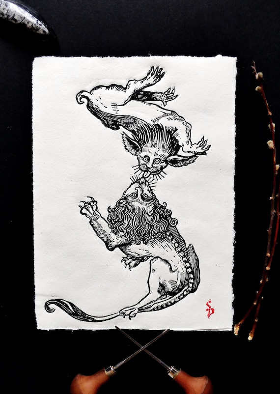 Linogravure Impression Sur Papier Coton Fait Main Style Médiéval Lions  Créatures Fantastiques Linocut Art Print Hand Printed Wall Decor 