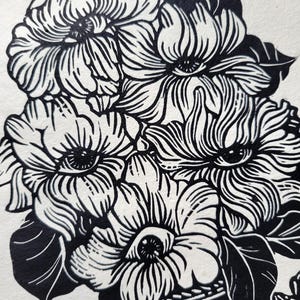 Impression Linogravure papier coton fait main Eyes Flowers | Art print illustration wall decor image 4