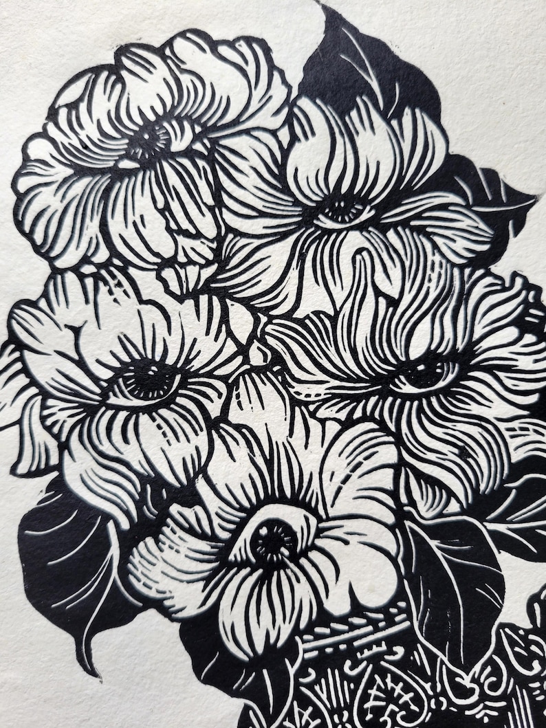 Impression Linogravure papier coton fait main Eyes Flowers | Art print illustration wall decor image 4