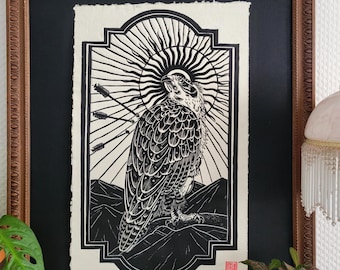 Original Hand-Carved Falcon Linocut Print | Medieval Sun Symbol Art, Black White Wall Decor
