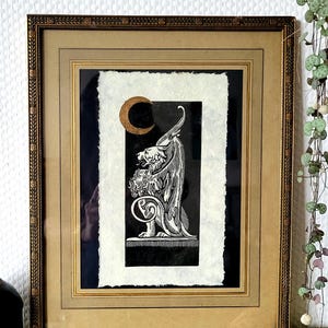Griffin Moon Linocut Print | Medieval Art on Lokta Paper