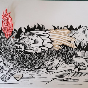 Linogravure articulée pop up dragon qui crache du feu | Art print dragon illustration handmade