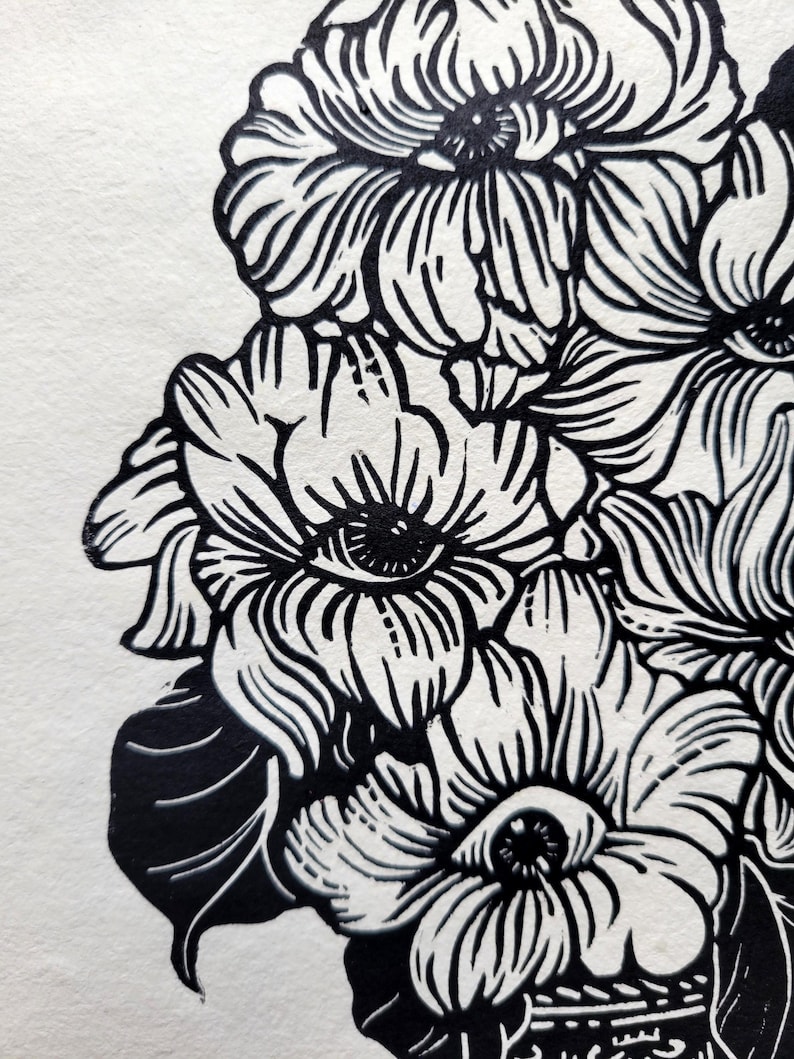 Impression Linogravure papier coton fait main Eyes Flowers | Art print illustration wall decor image 5