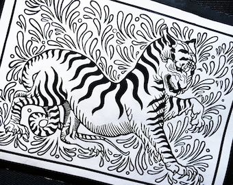 Linogravure impression papier coton Tigre médiéval déco ornementale |  Artprint linocut hand printed wall decor tattoo