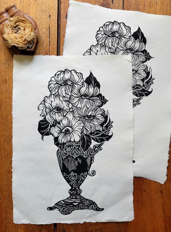 Impression Linogravure  papier coton fait main  Eyes Flowers |  Art print illustration wall decor
