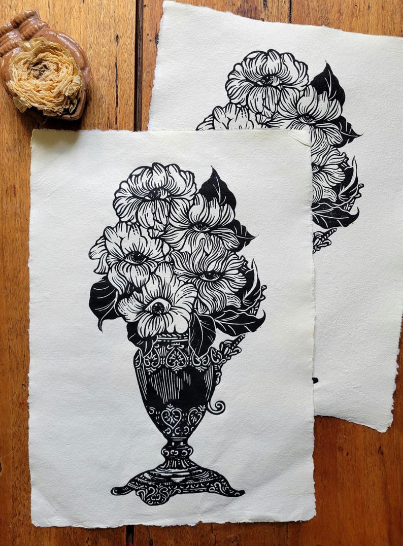 Impression Linogravure papier coton fait main Eyes Flowers | Art print illustration wall decor image 1