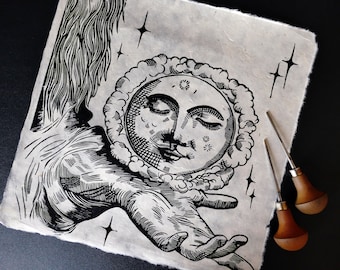 Impression linogravure le sorcier et la lune sur papier lokta | linoprint hand printed wall decor art print The wizard and the moon