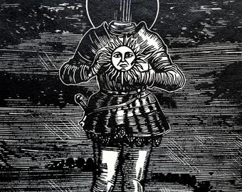 May include: A black and white woodcut-style print depicting a figure in plate armor holding a sun-faced emblem in place of a head. The figure stands against a dark, textured sky with a circular halo above the neck, rendered in high contrast.