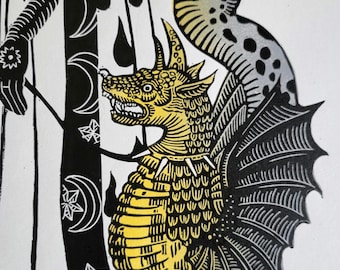 Original Hand-Carved Linocut | Mythic Dragon & Cosmic Figure | Black and Yellow Handmade Print