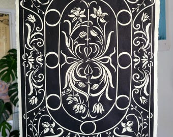 Impresión Linogravure Ornementale Renaissance Floral / Art print papel hecho a mano anhelado