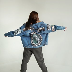 Veste en jean personnalisée, Veste en jean streetwear avec oeuvre d'art, Veste en jean personnalisée peinte à la main