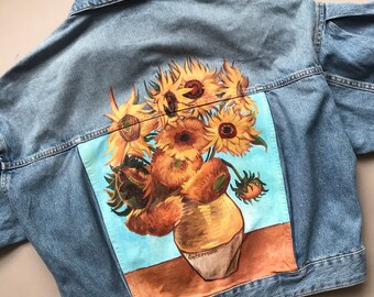 Van Gogh Sonnenblumen Handbemalte Jeansjacke - Individuelle Kunst