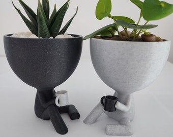Relaxed Person Planter with Coffee Cup - Planter for Cactus and Succulents - Original Home Decor - Indoor Planter