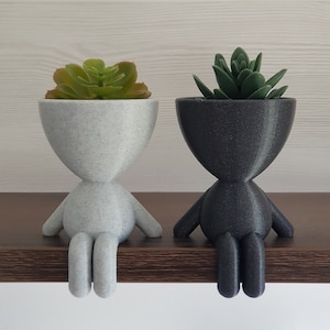 Peut inclure: Deux petits pots de fleurs imprimés en 3D en forme de personnes, assis sur une étagère. Le pot de fleurs de gauche est blanc avec une finition mouchetée et contient une plante succulente verte. Le pot de fleurs de droite est noir avec une finition mouchetée et contient une plante succulente verte.
