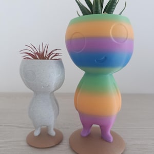 Puede incluir: Dos macetas coloridas en forma de persona sonriente con plantas. La maceta más grande es de rayas arcoíris con la parte superior verde y la base marrón. La maceta más pequeña es blanca con una base marrón.