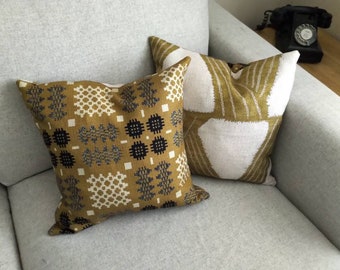 Woven Mustard, Cream and Black Welsh Tapestry Print and Zoffany Cream and Mustard Linen Backed Cushion Cover