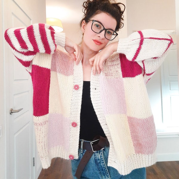 Patchwork cardigan pattern for HAND KNITTING, easy crochet cardigan sweater pattern for beginner, oversize chunky patchwork cardigan