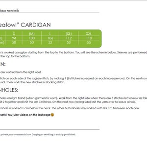 Puede incluir: Un patr&oacute;n de tejido para un c&aacute;rdigan "Peafowl", con medidas de busto de 94 cm a 118 cm y largos de 50 cm a 55 cm. Incluye instrucciones de ragl&aacute;n y ojales. El patr&oacute;n es para uso privado, no comercial.
