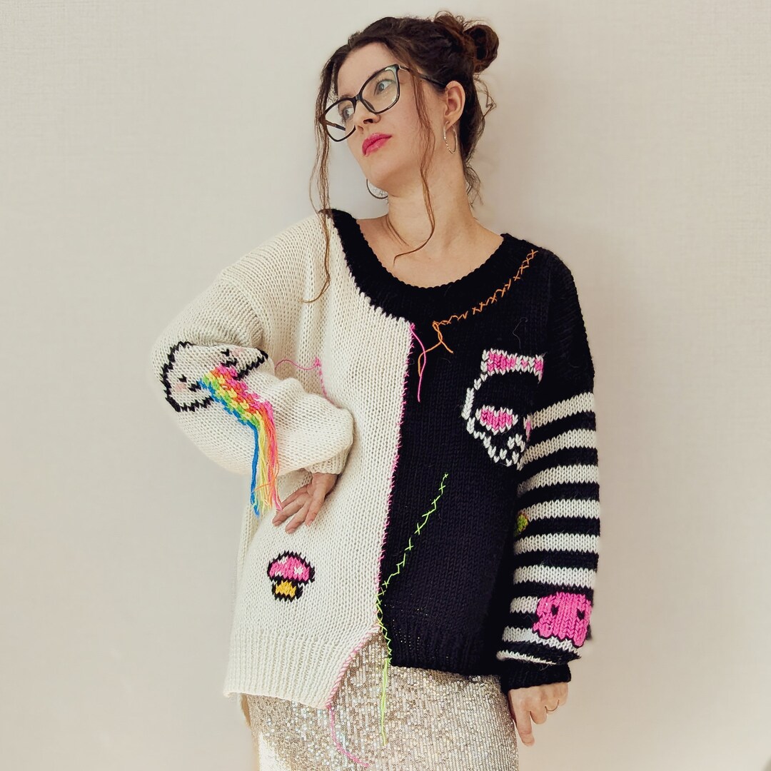 Hand Knitted Mohair Patchwork Sweater, Rainbow Pixel Art