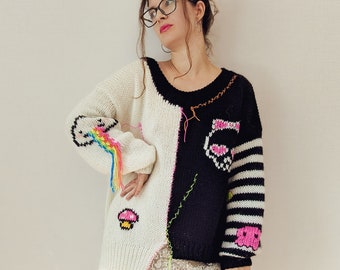 Hand Knitted Mohair Patchwork Sweater, Rainbow Pixel Art Embroidered