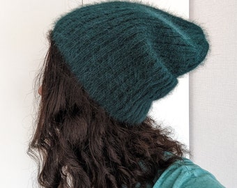 Emerald Green Angora Beanie, Soft Wool Knit Fisherman Hat
