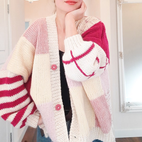 Addi Sentro knitting machine cardigan pattern, easy crochet cardigan sweater pattern for beginner, oversize chunky patchwork cardigan