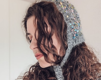 Hand knitted mohair bonnet with sequins, grey angora sequin hat fashion bonnet, hat with bow tie sequins