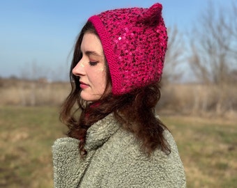 Hand knitted mohair bonnet with sequins and cat ears, magenta pink angora sequin hat fashion kitty bonnet, hat with bow tie sequins and ears