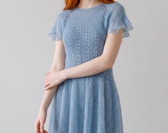 Handknitted Mohair Lace Midi Dress, Dusty Blue, Fairycore Cottagecore Knitwear