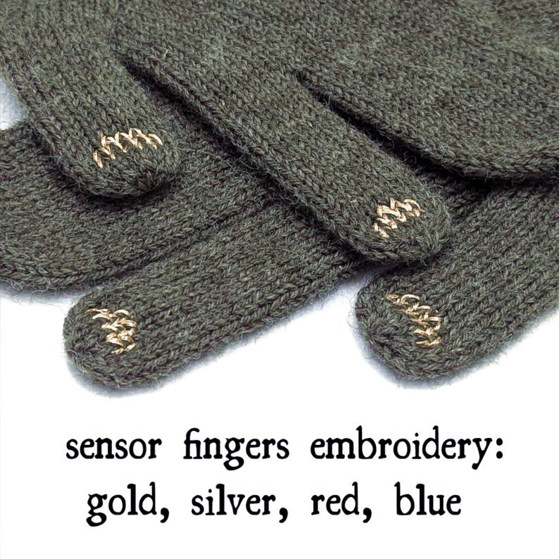 May include: Close-up of olive green knit gloves with gold embroidery on the fingertips. The text in the image reads "sensor fingers embroidery: gold, silver, red, blue."