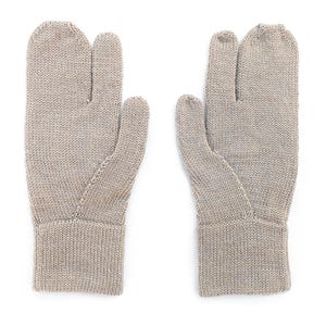 May include: A pair of light beige knitted gloves with a separate compartment for the thumb and index finger. The gloves have a ribbed cuff and are made of a textured yarn. The gloves are displayed on a white background.