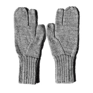 May include: A pair of gray knitted gloves with a split design for the thumb and index finger. The gloves have ribbed cuffs and a textured appearance, suitable for cold weather.
