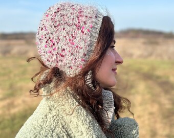 Hand knitted mohair bonnet with sequins, grey pink angora sequin hat fashion bonnet, hat with bow tie sequins