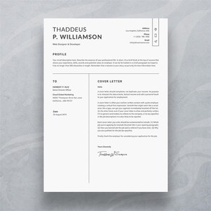 May include: A black and white cover letter template with the name Thaddeus P. Williamson, Web Designer & Developer, at the top. The cover letter is addressed to Herbert P. Ruiz, Senior Director Officer, Cloud Global Marketing. The date is August 22, 2019.