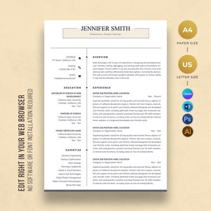 May include: A resume template with a modern design. The resume is for Jennifer Smith, an Elementary School Teacher. The resume includes sections for education, experience, and expertise. The resume is formatted in a clean and professional manner.