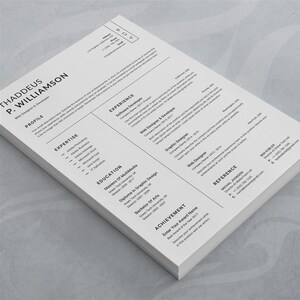 May include: A black and white resume with the name Thaddeus P. Williamson, Web Designer & Developer, at the top. The resume lists experience, expertise, education, and achievements.