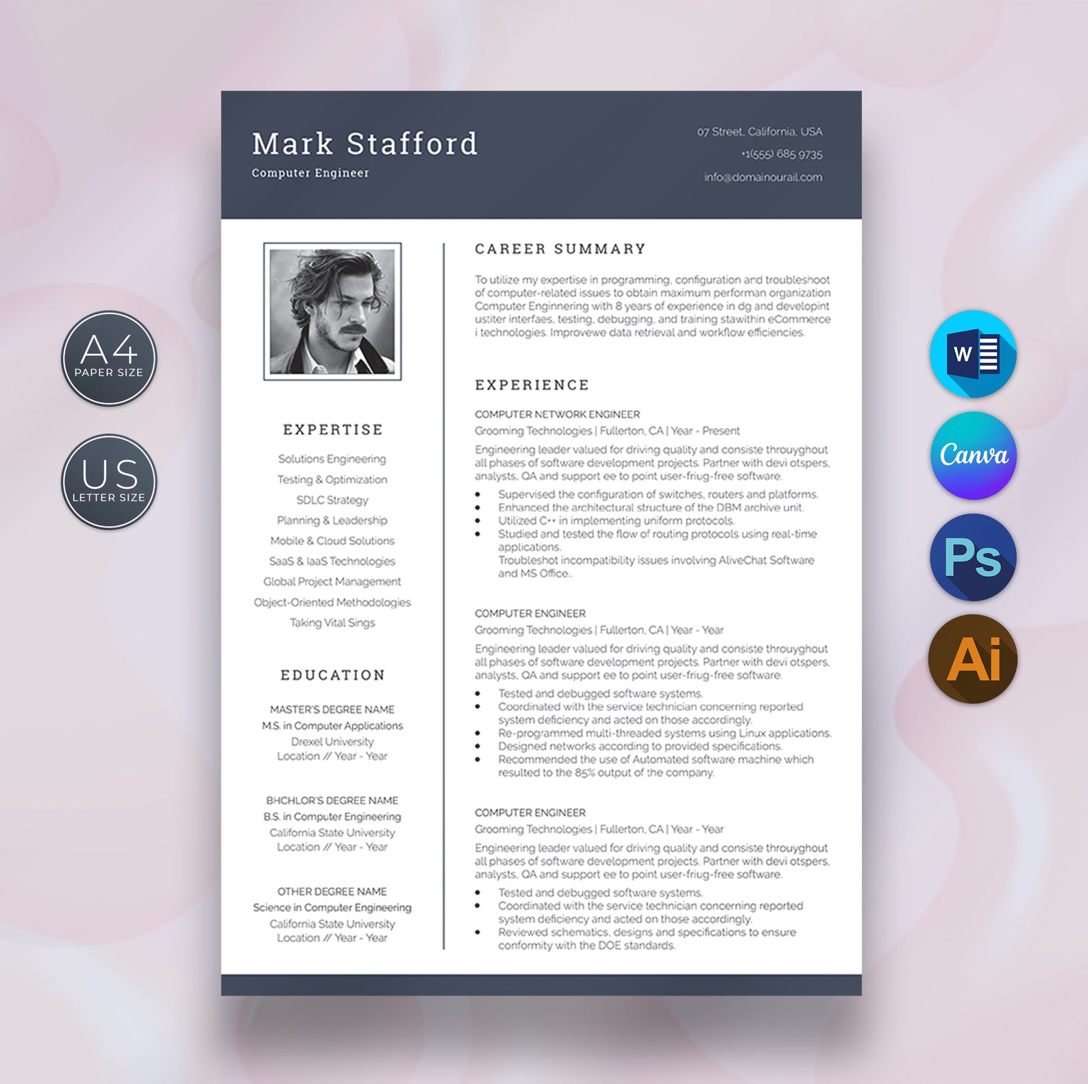 Computer Engineer Resume Template Canva and MS Word, Engineering Resume ...