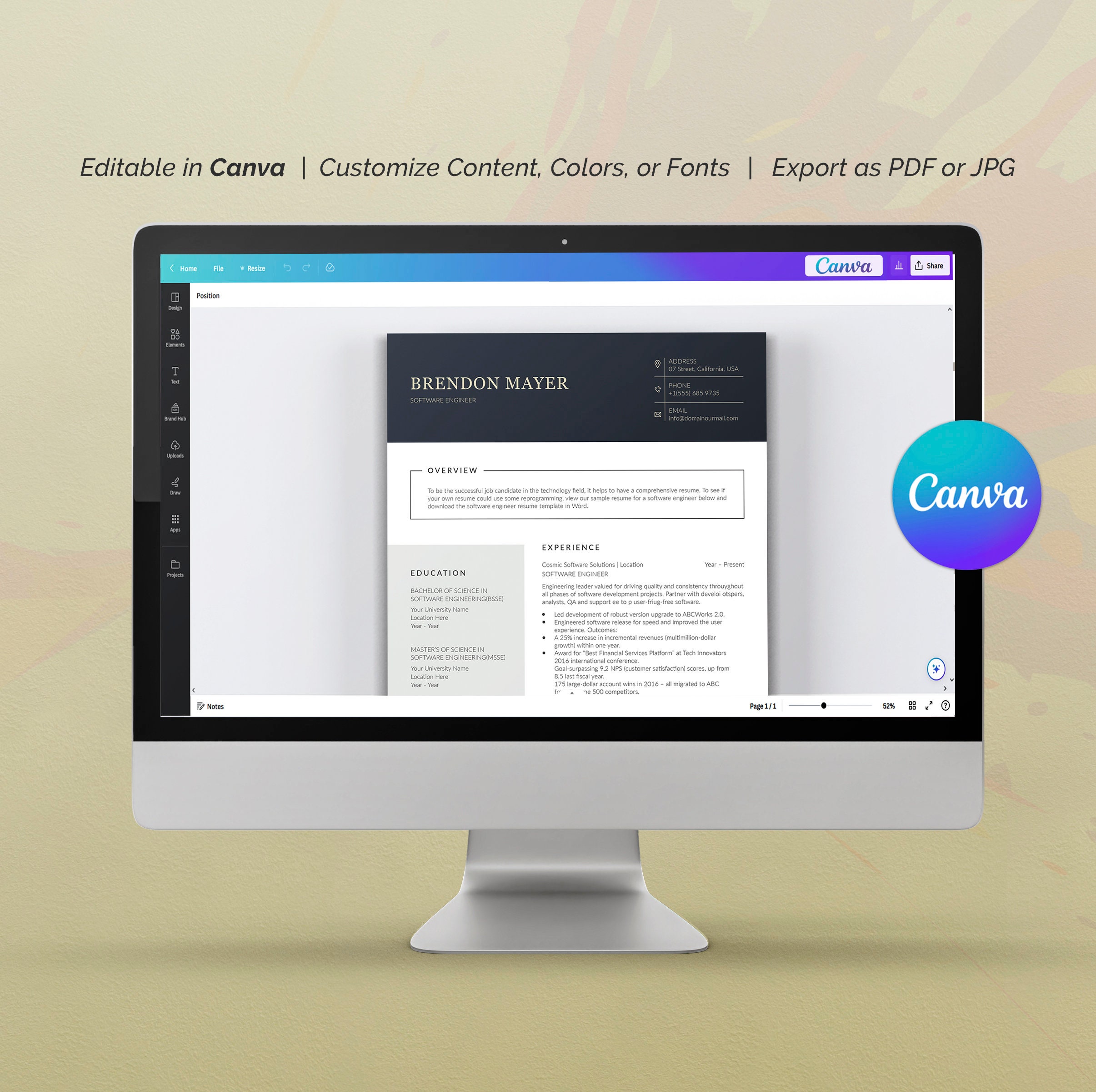 Software Engineer Resume Template Canva and MS Word, Engineering Resume ...