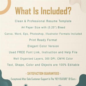 May include: A list of features included with a professional resume template. The template is available in Canva, Word, EPS, Photoshop, and Illustrator formats. It is print-ready and includes a free font link, instructions, and a help file. The template is 100% editable and includes well-organized layers, 300 DPI, and CMYK color. The text says "What Is Included?" and "Satisfaction Guaranteed - Exceptional After Sale Customer Support Is The "KEY FEATURE" Of Ours -"