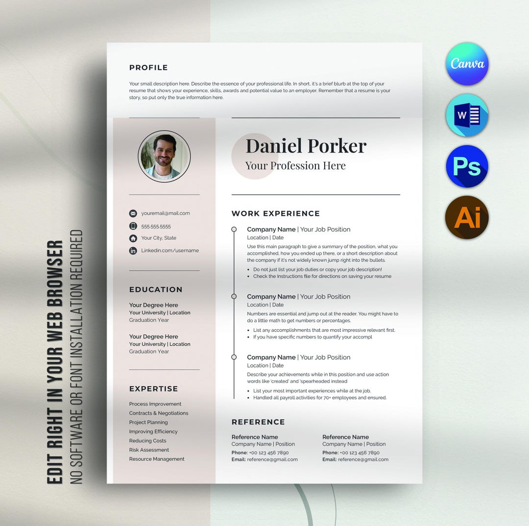 Professional Resume Template, Editable CV Template, Modern Minimalist ...